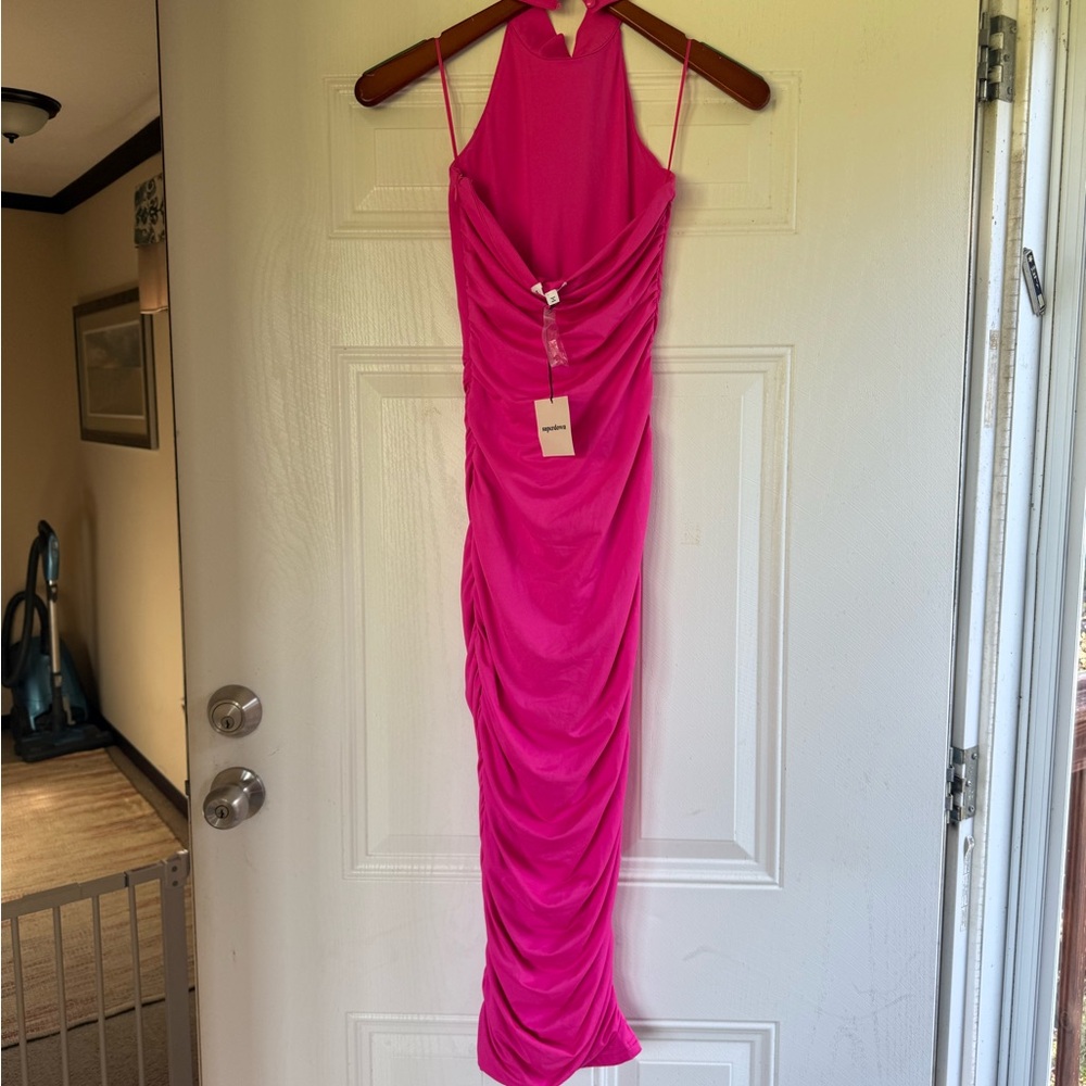 2 for $15 sale: nwt superdown Mallory halter hot pink ruched bodycon midi dress - Picture 3 of 7